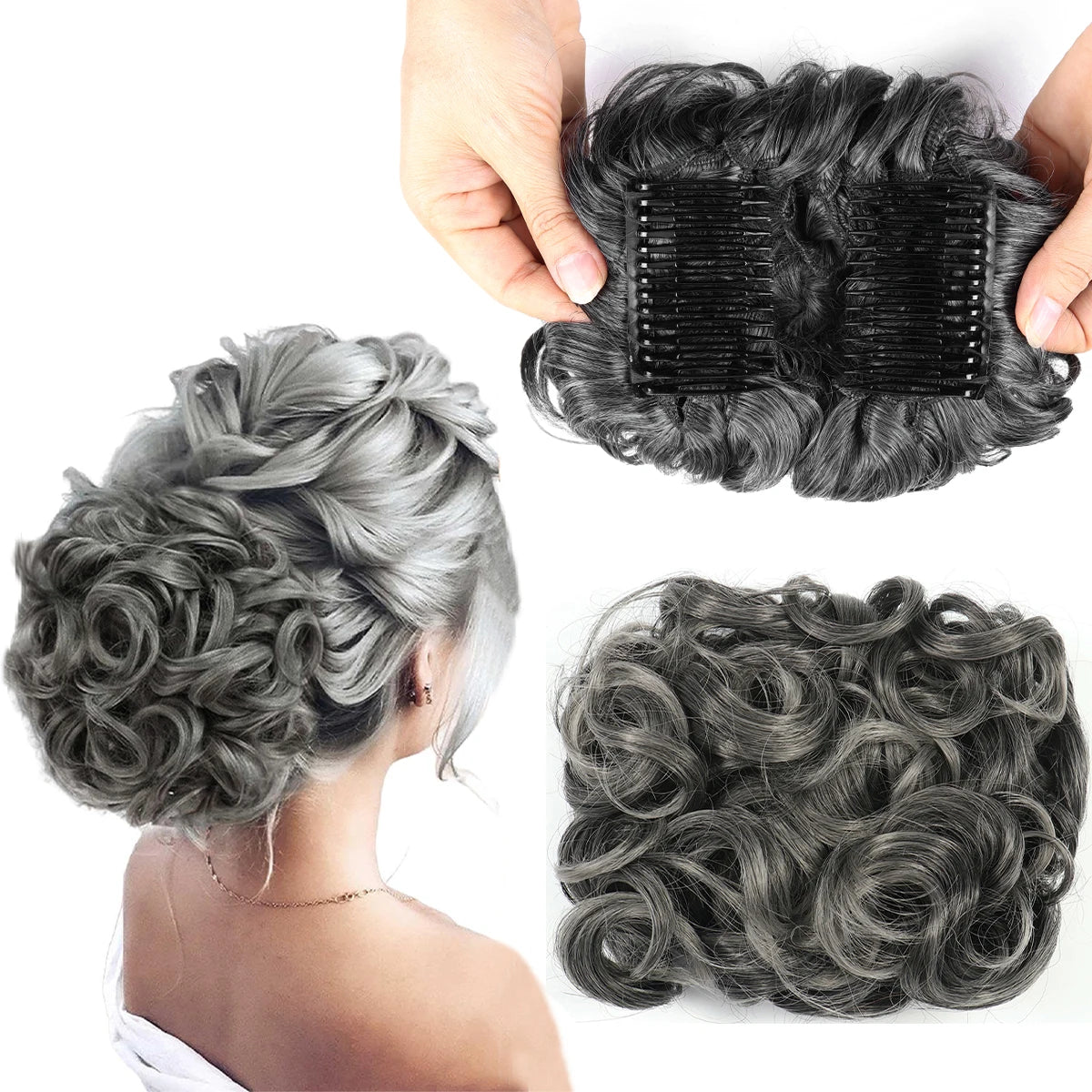 Short Messy Curly Hair Bun Extension – Easy Stretch Combs & Clip-in Ponytail Scrunchie Chignon for Hair Styling