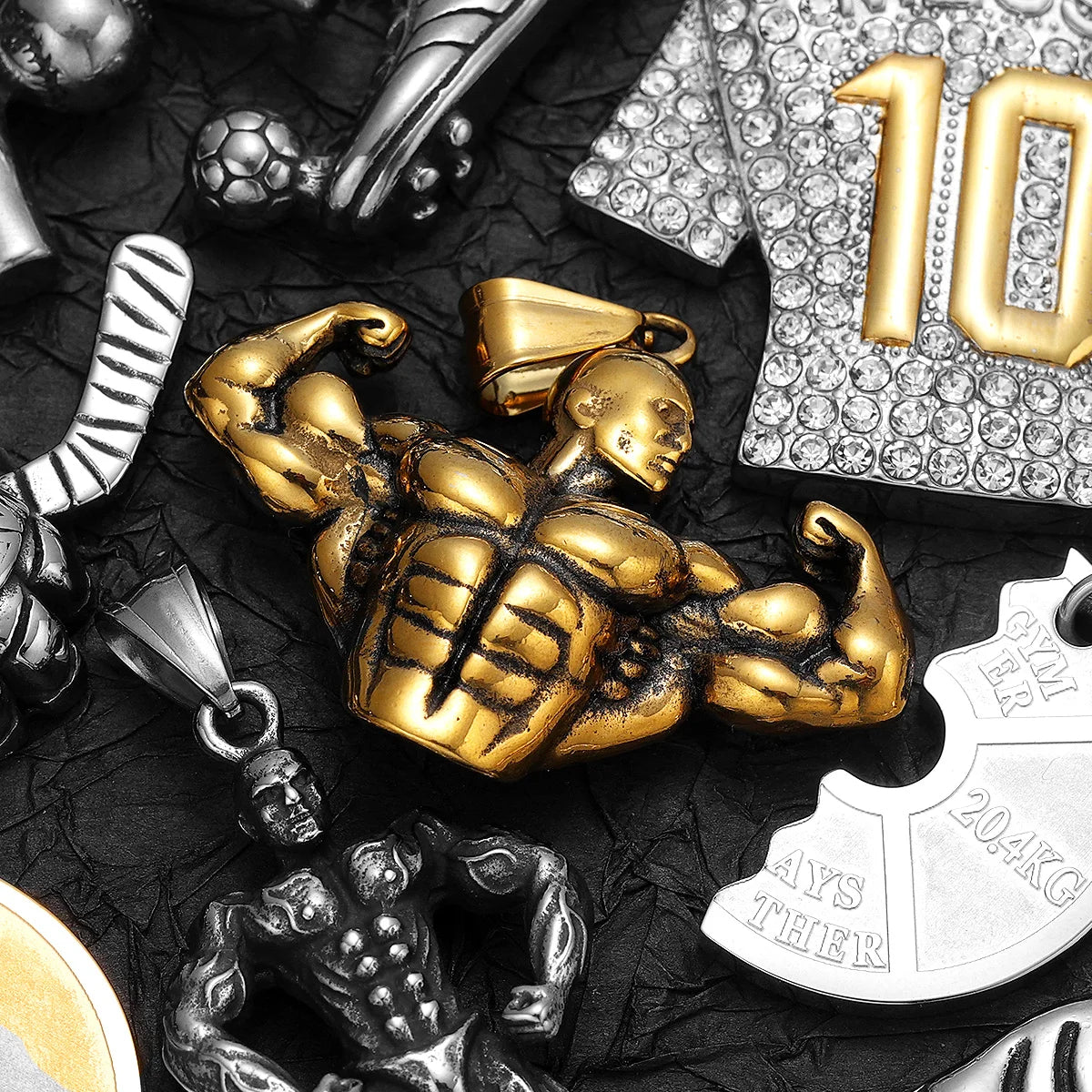 Messi, Ronaldo, Mbappé Football Jersey Necklace – Stainless Steel Dumbbell Pendant Chain for Men, Punk Gym Style