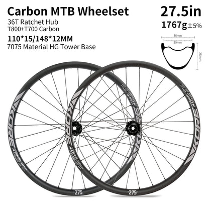 KORE MTB Carbon Wheelset – 27.5/29in Enduro & Downhill with 36T Ratchet HG Hub, BOOST, 28H, 30–36mm Width