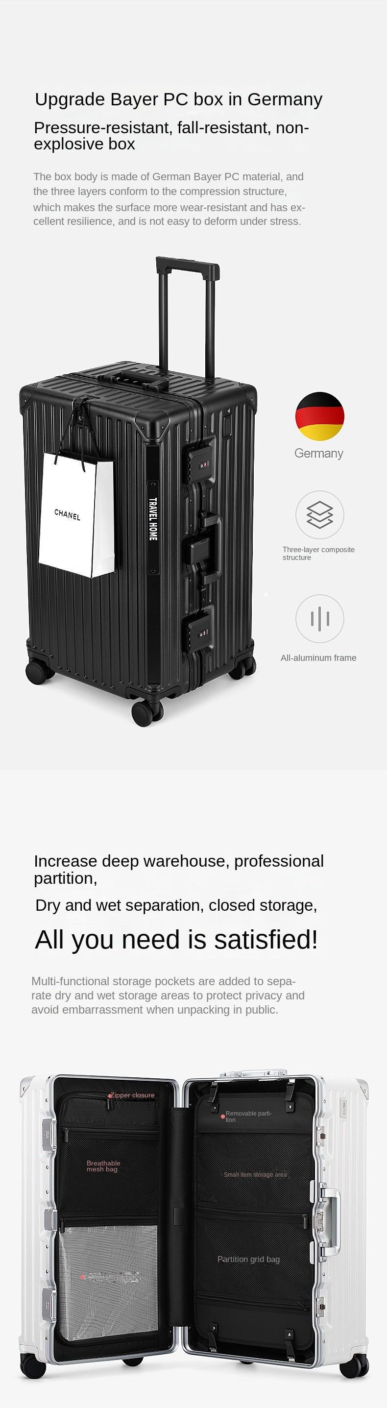 COLENARA Aluminum Frame Suitcase — High-Quality Large Capacity Trolley Travel Bag, 24", 26", 28", 30" Rolling Luggage