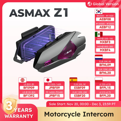 ASMAX Z1 Motorcycle Bluetooth Intercom — IP67 Waterproof Helmet Headset with 2 Chips, 8-Core, HiFi Speakers, ENC & 42-Min Fast Charging