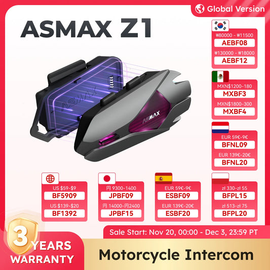 ASMAX Z1 Motorcycle Bluetooth Intercom — IP67 Waterproof Helmet Headset with 2 Chips, 8-Core, HiFi Speakers, ENC & 42-Min Fast Charging