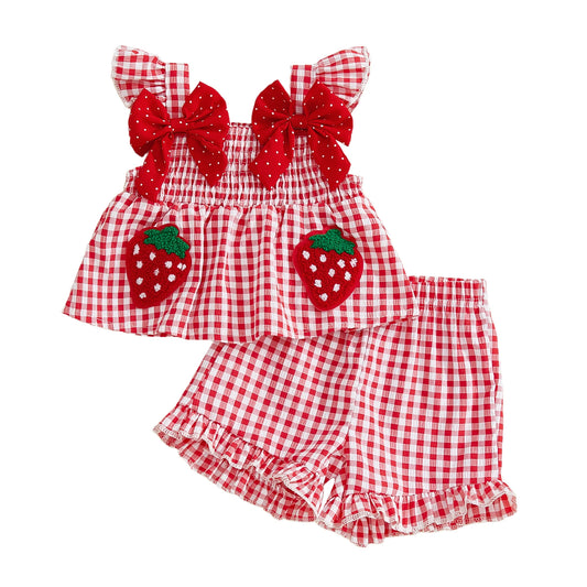 Toddler Baby Girl Strawberry Embroidered Plaid Summer Outfit – Ruffled Tank Top & Shorts 2-Piece Set