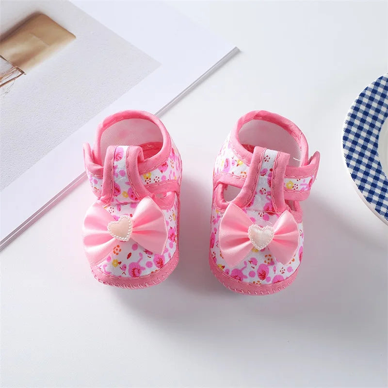 0-18 Months Baby Girls Soft Sole Shoes – Bowknot Flower Print, Non-Slip First Walkers for Indoor & Outdoor