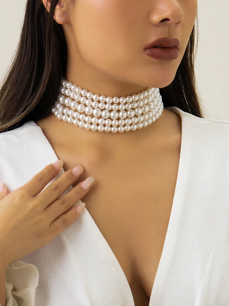 Vintage Imitation Pearl Multi-Layer Necklace – Elegant Oval Beads Choker Collar for Women, Chain Jewelry Accessories, Party Gift