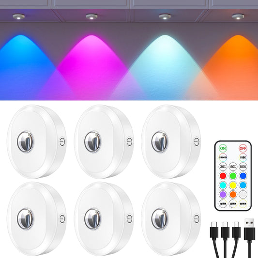 WILLED 6PCS RGB Rechargeable LED Night Lights – Remote Control, Dimmable & Timer Function for Kitchen, Cabinet & Shelf Lighting
