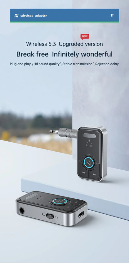 Bluetooth 5.3 Audio Adapter – Wireless Transmitter & Receiver for Car, Music, Headphones, Speakers, 3.5mm AUX