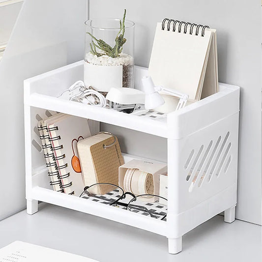 PP Desktop Double Layer Storage Rack: Rectangular White Organizer for Student Desks, Offices, Cosmetics, and Stationery