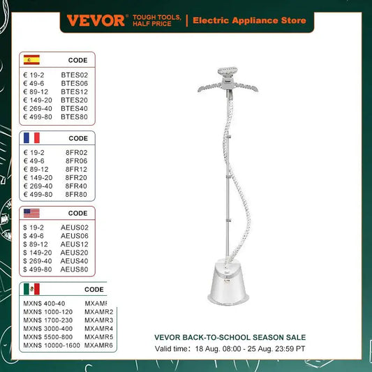 VEVOR Standing Garment Steamer with Foldable Hanger - 0.5 Gallon Tank for 90-Minute Continuous Home Steam Cleaning