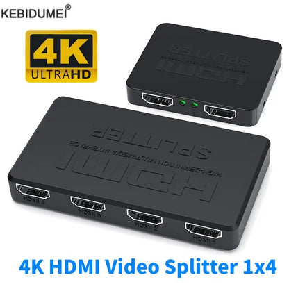 4K HDMI Splitter 1 in 4 Out – HD Video Switcher, HDMI-Compatible Cable Adapter Hub for PS4, Laptop, TV, Monitor, Projector