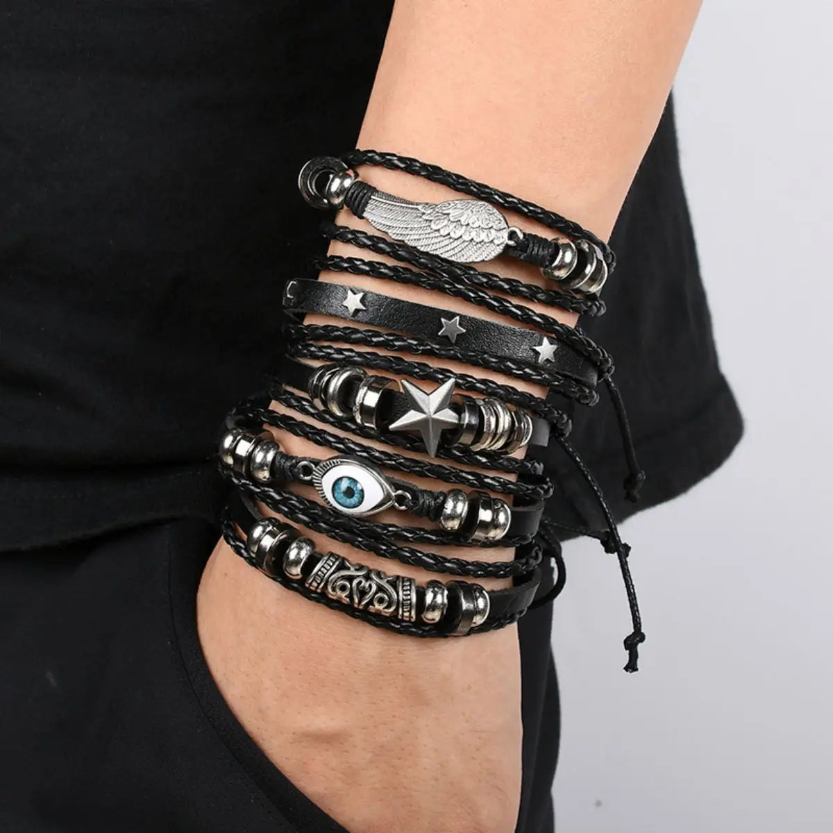 6PCS Black Punk Bracelet Set – Skull & Star Shaped Alloy with PU Leather
