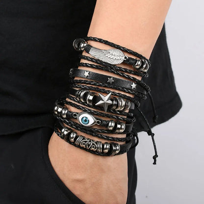 6PCS Black Punk Bracelet Set – Skull & Star Shaped Alloy with PU Leather