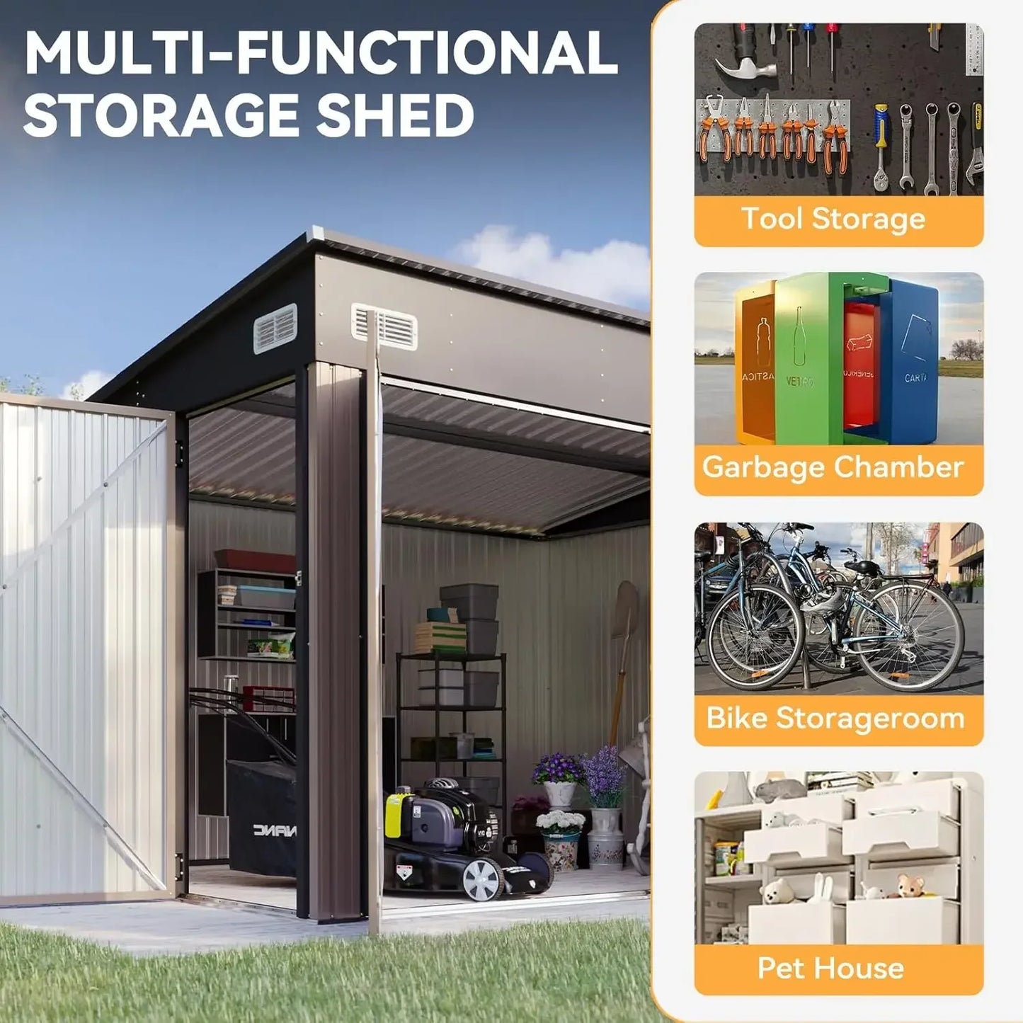 11.5'x7.5' Outdoor Metal Storage Shed – Triple Lockable Door with Sloping Roof for Tools & Bicycles
