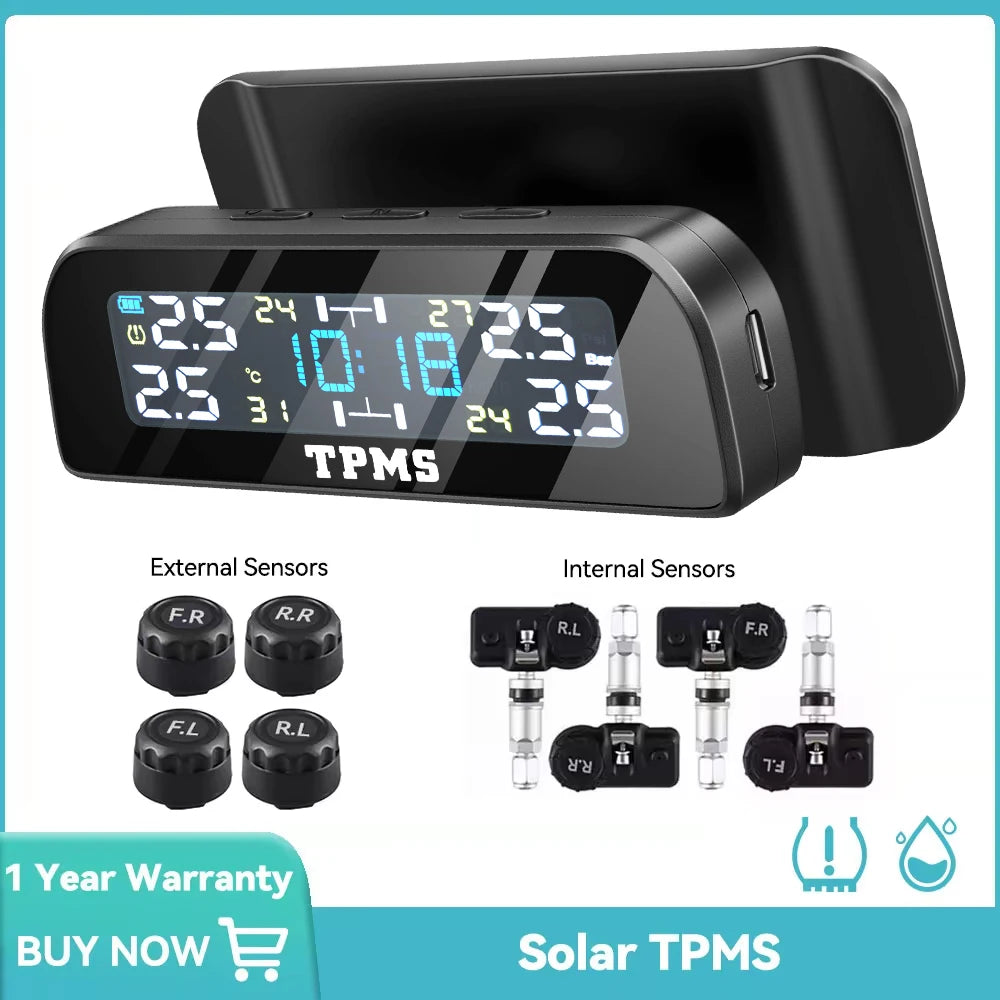 Solar Car TPMS Tire Pressure Monitoring System – External Sensors for 4 Wheels Tyre Pressure Detection