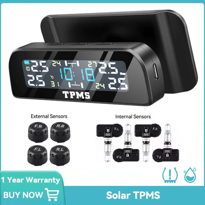 Solar Car TPMS Tire Pressure Monitoring System – External Sensors for 4 Wheels Tyre Pressure Detection