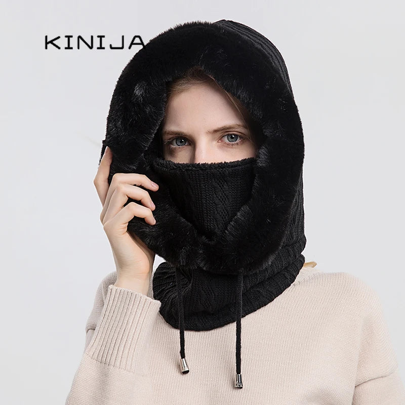 Winter Fur Cap Mask Set – Hooded Knitted Cashmere Neck Warmer, Plush Windproof Balaclava Ski Beanie for Women