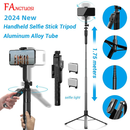 FANGTUOSI 1750mm Wireless Selfie Stick Tripod – Foldable Monopod with LED Light for Smartphones, Steady Live Shooting