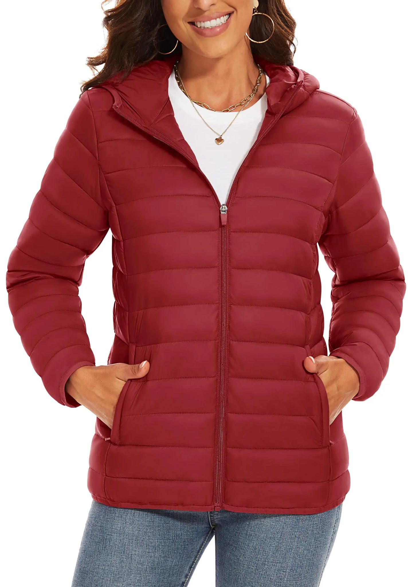 TACVASEN Women's Hooded Puffer Jacket – Full Zip Quilted Winter Coat, Lightweight Windbreaker Outerwear