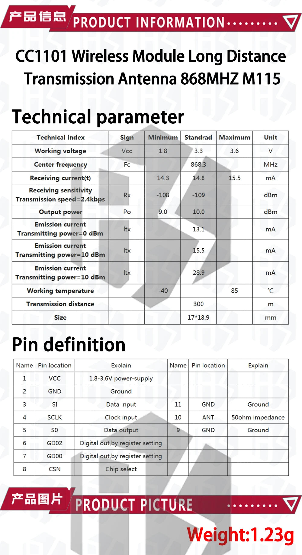 CC1101 Wireless Module - 10mW, 433MHZ/868MHZ, Long Distance Transmission 300-1000M with SMA Antenna, Wireless Transceiver