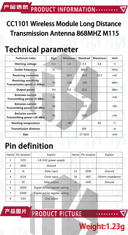 CC1101 Wireless Module - 10mW, 433MHZ/868MHZ, Long Distance Transmission 300-1000M with SMA Antenna, Wireless Transceiver