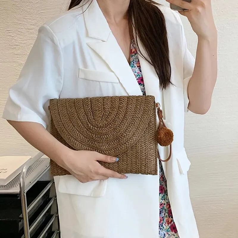 Handmade Straw Beach Bag – Small Woven Summer Shoulder Crossbody Clutch with Hair Ball
