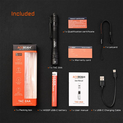 ACEBEAM TAC 2AA LED Flashlight — 1600 Lumen Portable EDC Torch, 181m Beam, USB-C Rechargeable with Dual Buttons