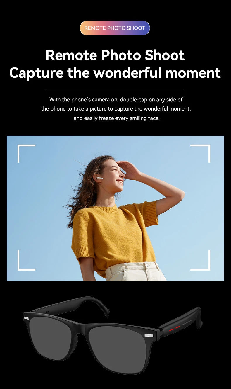 Smart Bluetooth Sunglasses for Men — Touch Control, Music & Calls, Remote Camera, Stereo Mic, AI Voice Assistant for Android & iOS