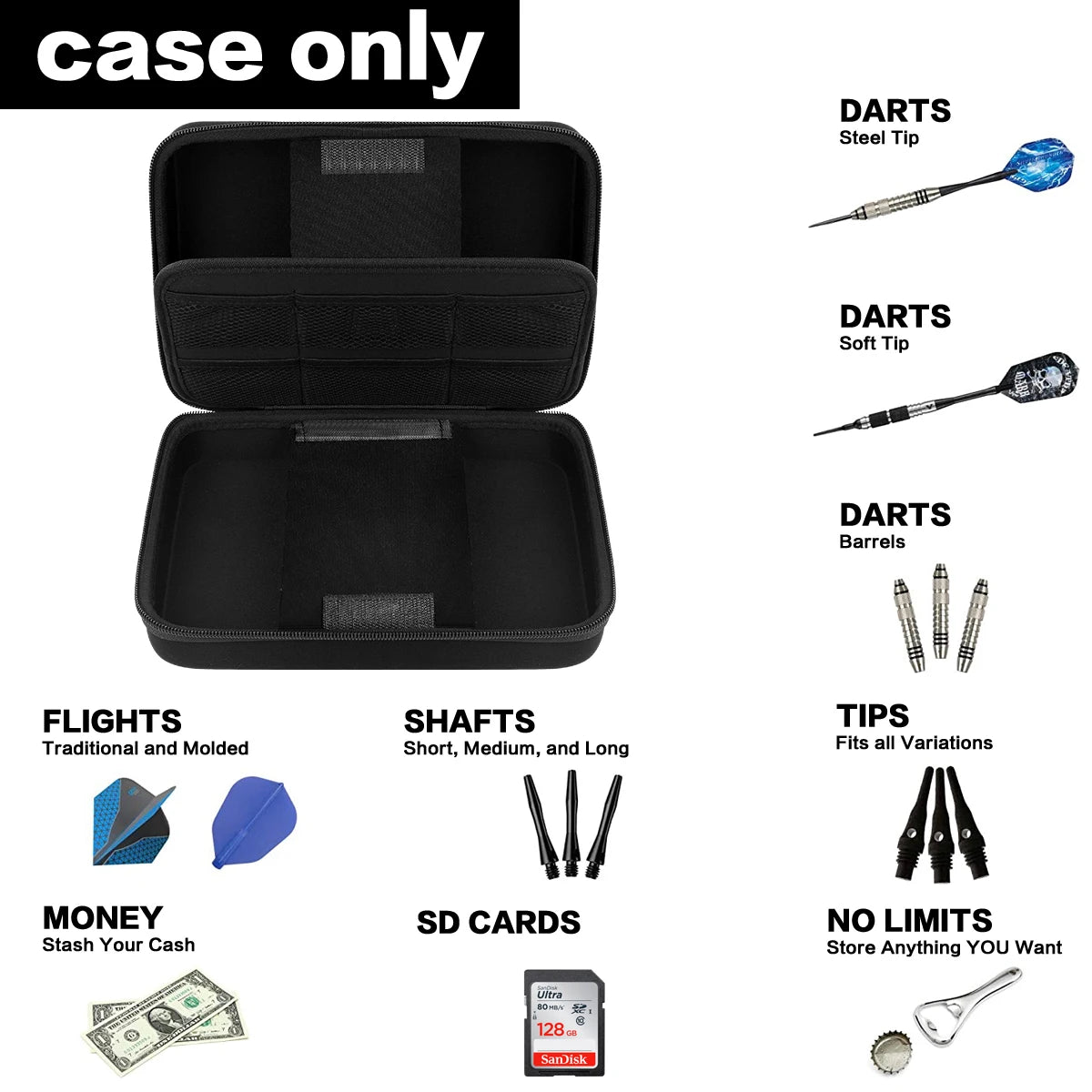 Dart Case for 16 Steel & Soft Tip Darts – Carrying Storage Organizer for Tips, Shafts, and Flights