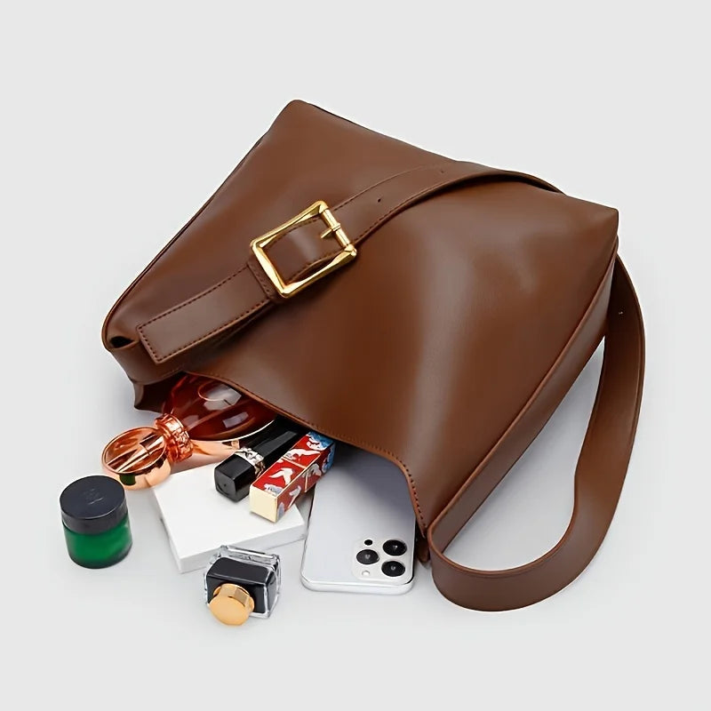 Women’s Retro Faux Leather Tote Bag – Minimalist Shoulder Bucket Handbag with PU Lining