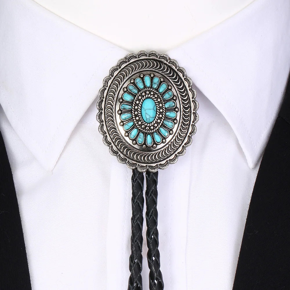 Indian Western Cowboy Carved Turquoise Flowers Bolo Tie – Genuine Leather Cord Neck Tie, Cheapify