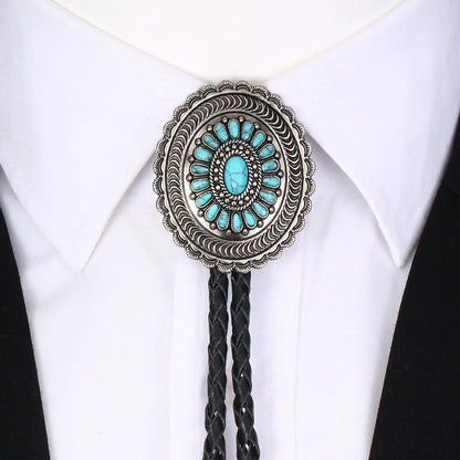 Indian Western Cowboy Carved Turquoise Flowers Bolo Tie – Genuine Leather Cord Neck Tie, Cheapify