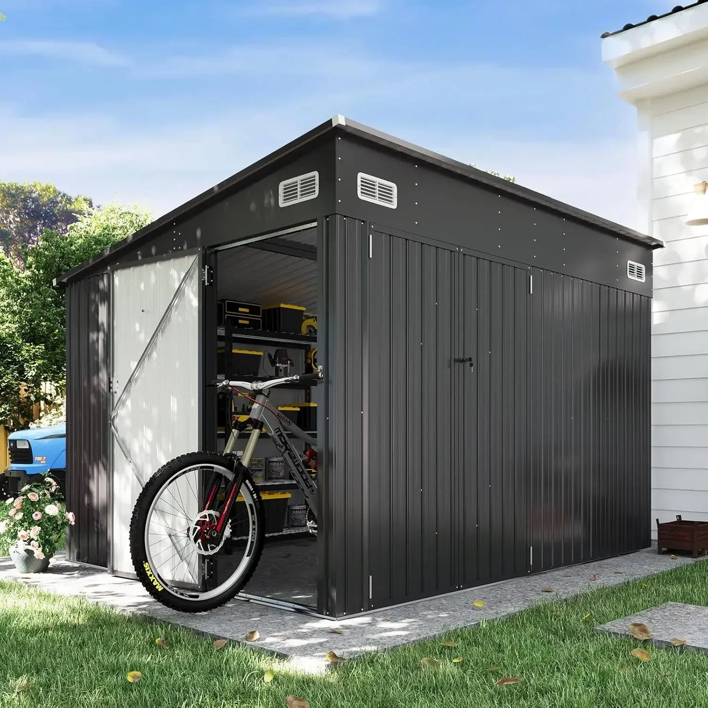 11.5'x7.5' Outdoor Metal Storage Shed – Triple Lockable Door with Sloping Roof for Tools & Bicycles