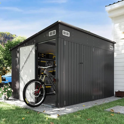 11.5'x7.5' Outdoor Metal Storage Shed – Triple Lockable Door with Sloping Roof for Tools & Bicycles