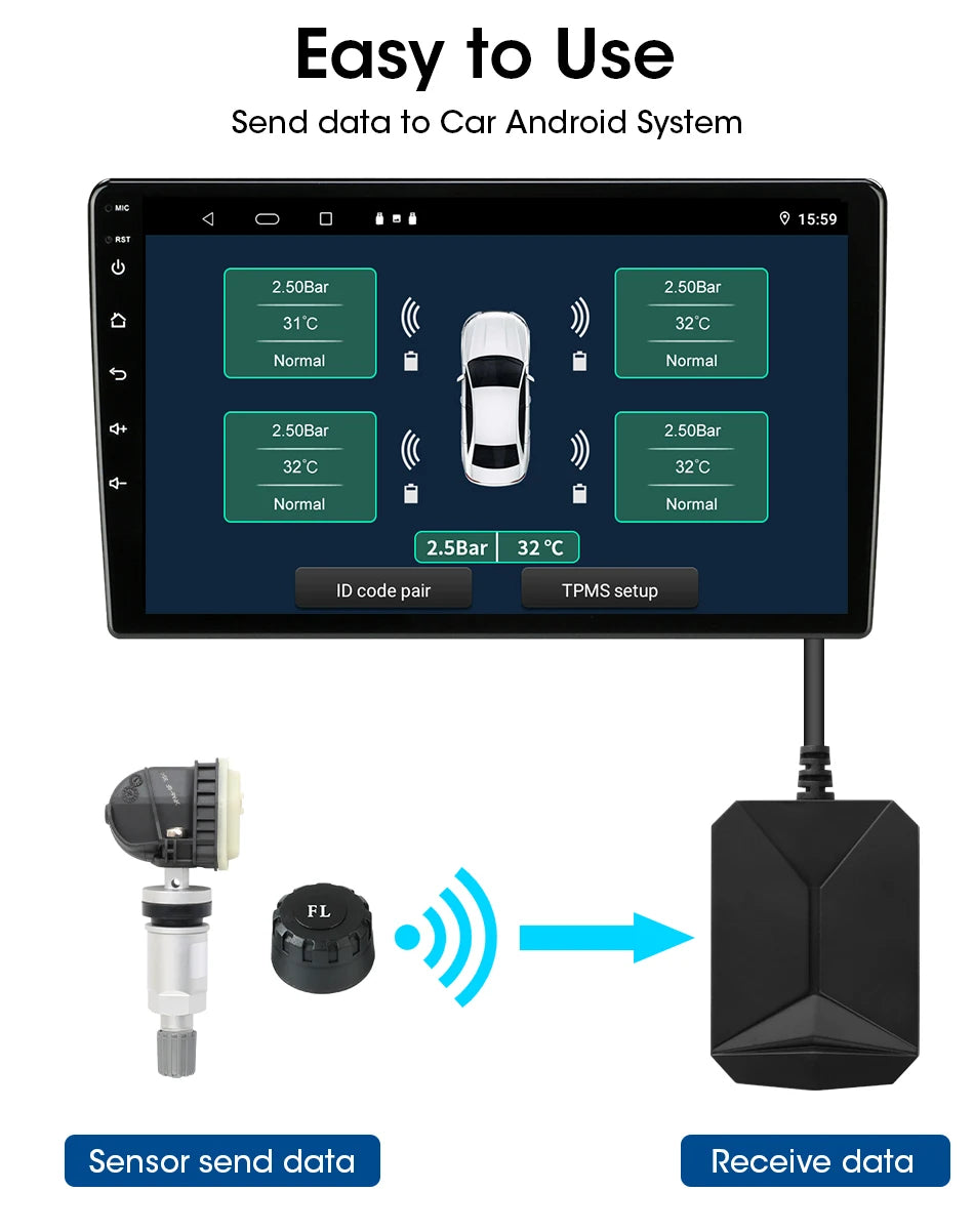 JMCQ USB Android TPMS Tire Pressure Monitoring System – 5 Internal/External Sensors with Display & Alarm for Car Navigation Radio