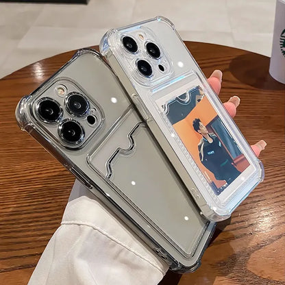 Transparent Card Slot Bag Holder Case for iPhone 16/15/14/13/12/11 Pro Max, Mini, X, XR, 7, 8 Plus | Clear Shockproof Soft Wallet Cover