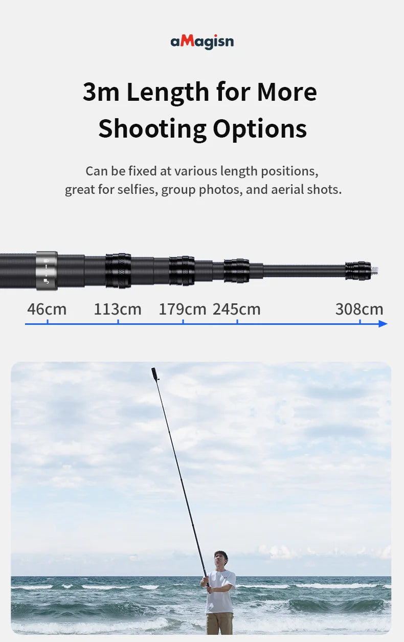 aMagisn 3M Invisible Selfie Stick - 1.2M Carbon Fiber Telescopic Monopod for DJI, GoPro, Insta360 X3/X4 Accessories