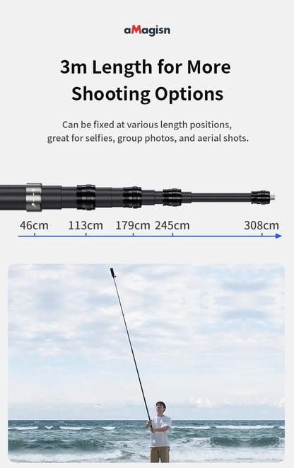 aMagisn 3M Invisible Selfie Stick - 1.2M Carbon Fiber Telescopic Monopod for DJI, GoPro, Insta360 X3/X4 Accessories