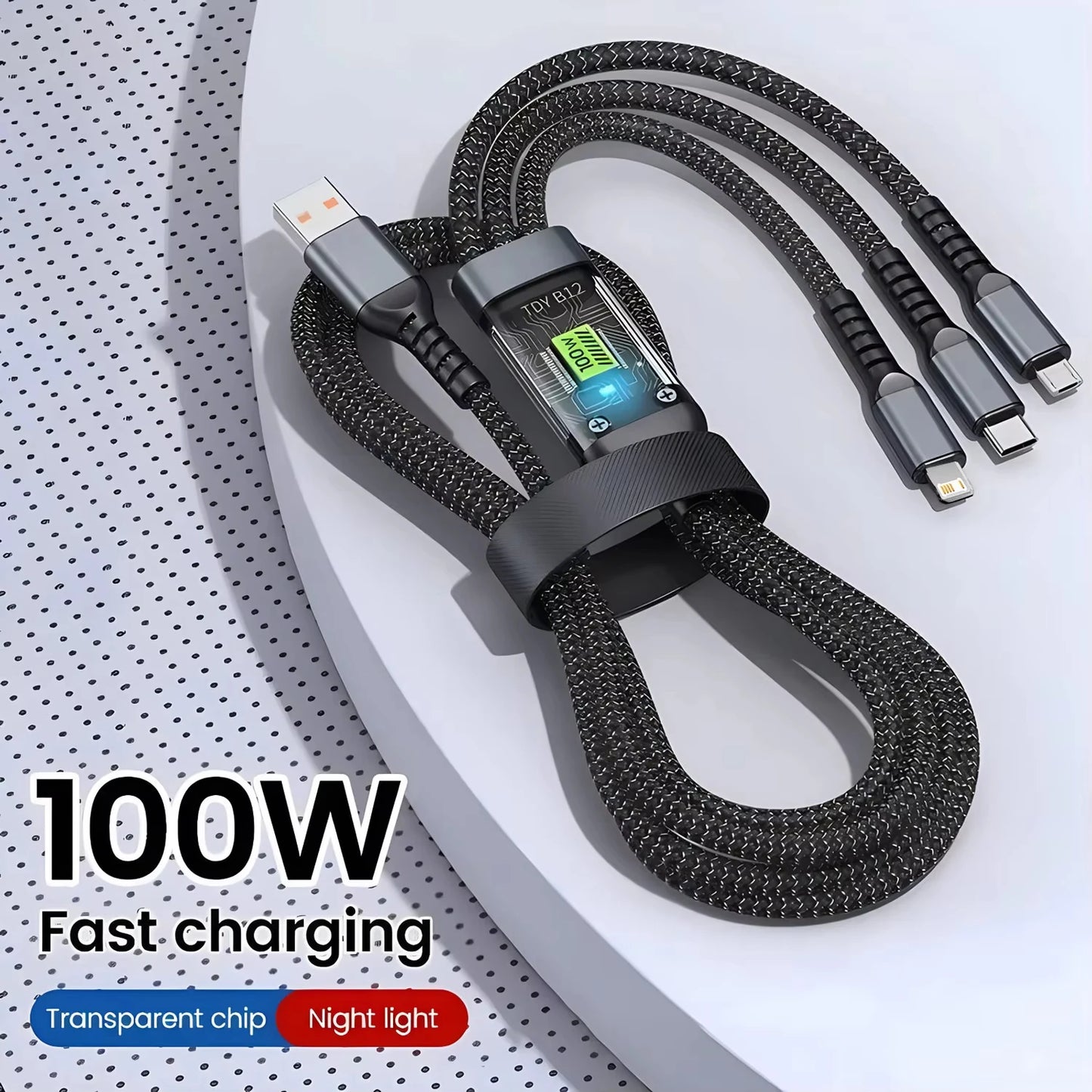 3-in-1 100W 6A Fast Charging Cable — USB to Type-C, Micro, Lightning for iPhone 13–16, Samsung, Xiaomi, Huawei