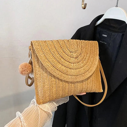 Handmade Straw Beach Bag – Small Woven Summer Shoulder Crossbody Clutch with Hair Ball