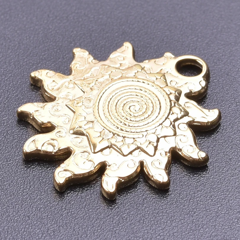 6pcs Real Gold-Plated Sun Charms - Stainless Steel Jewelry Making Pendants, Heart, Moon & Sunshine Design