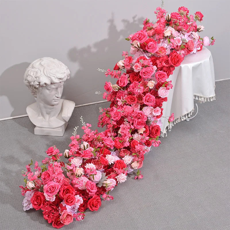 Pink Rose Artificial Flower Row – Large Floral Runner for Wedding Backdrop, Party Decor & Showcase Display Prop