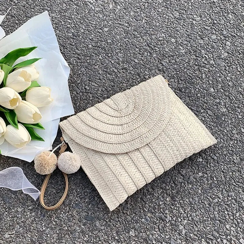 Handmade Straw Beach Bag – Small Woven Summer Shoulder Crossbody Clutch with Hair Ball