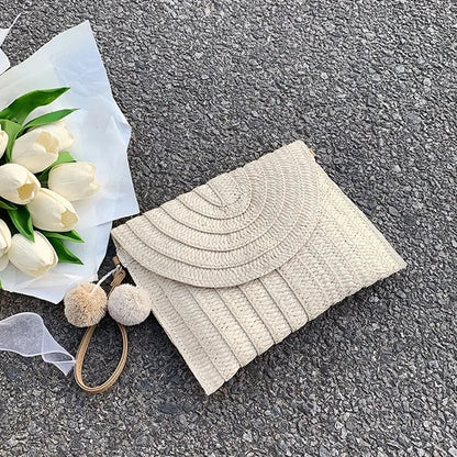 Handmade Straw Beach Bag – Small Woven Summer Shoulder Crossbody Clutch with Hair Ball