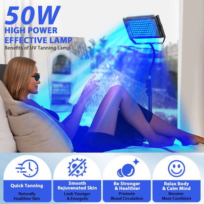50W Ultraviolet Tanning Lamp — Tripod Solarium with 48 Blue LEDs (460nm & 480nm) for Body Tanning & Skincare