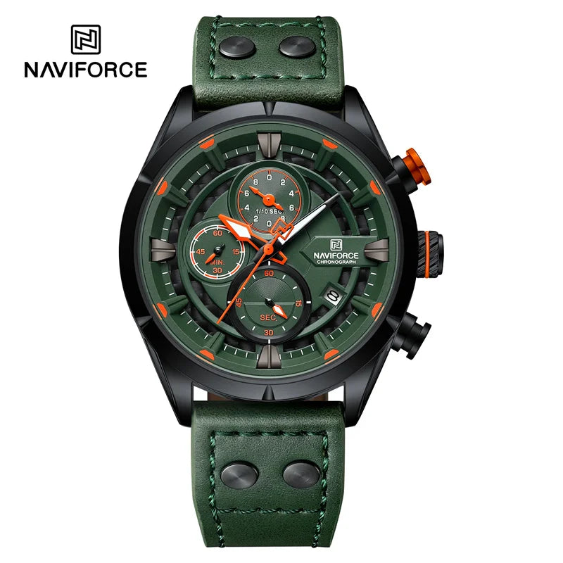 NAVIFORCE Men's Casual Watch – Luxury Waterproof Chronograph Quartz Wristwatch with Genuine Leather Strap