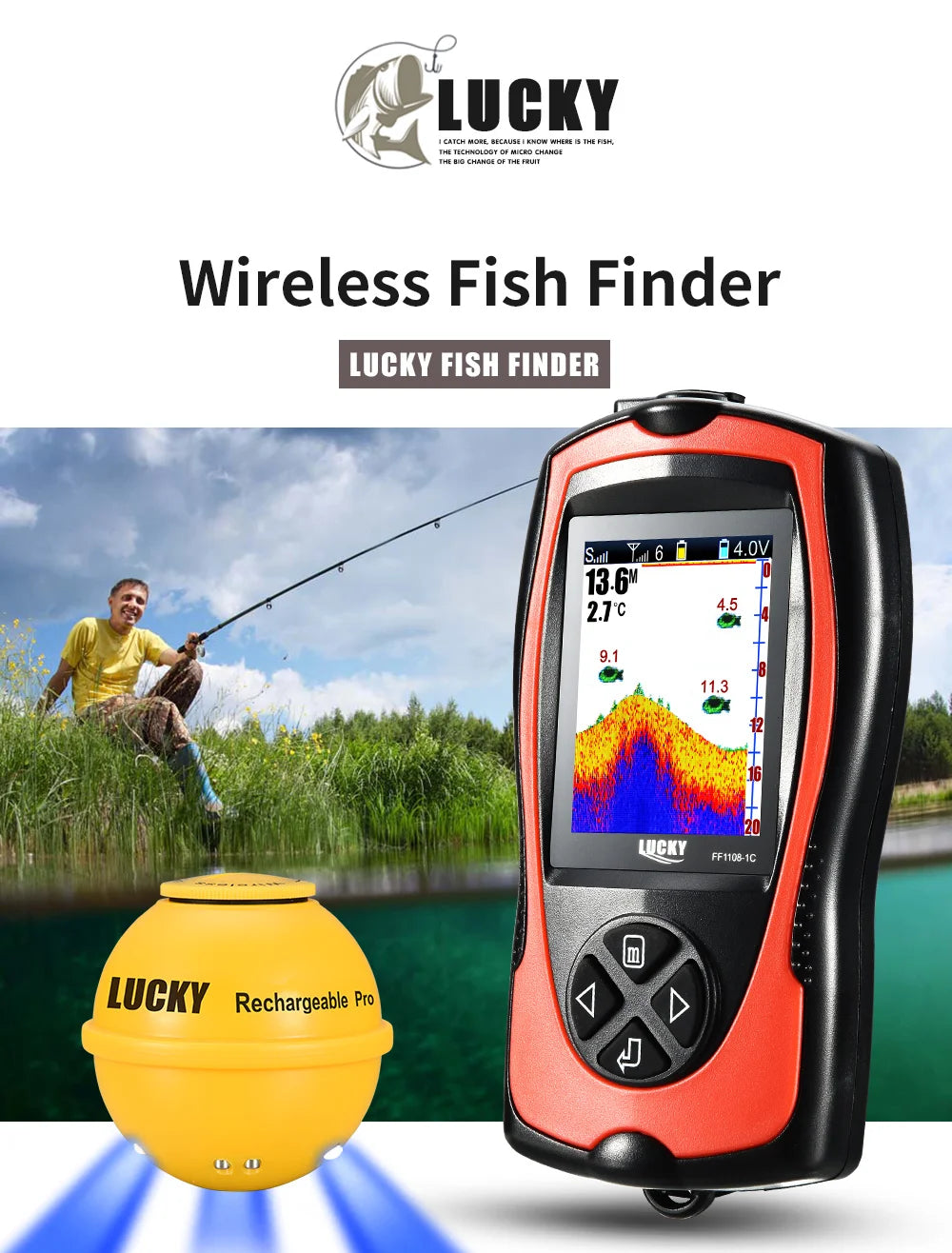 Lucky Sonar Fish Finder FF1108-1CWLA – Rechargeable Wireless Sensor, 45M Depth Echo Sounder for Portable Fishing