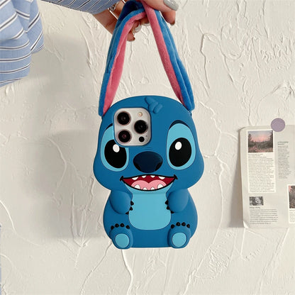 3D Stitch Plush Phone Case — Soft Silicone Cartoon Cover with Ear Strap for iPhone 11-16 Pro Max