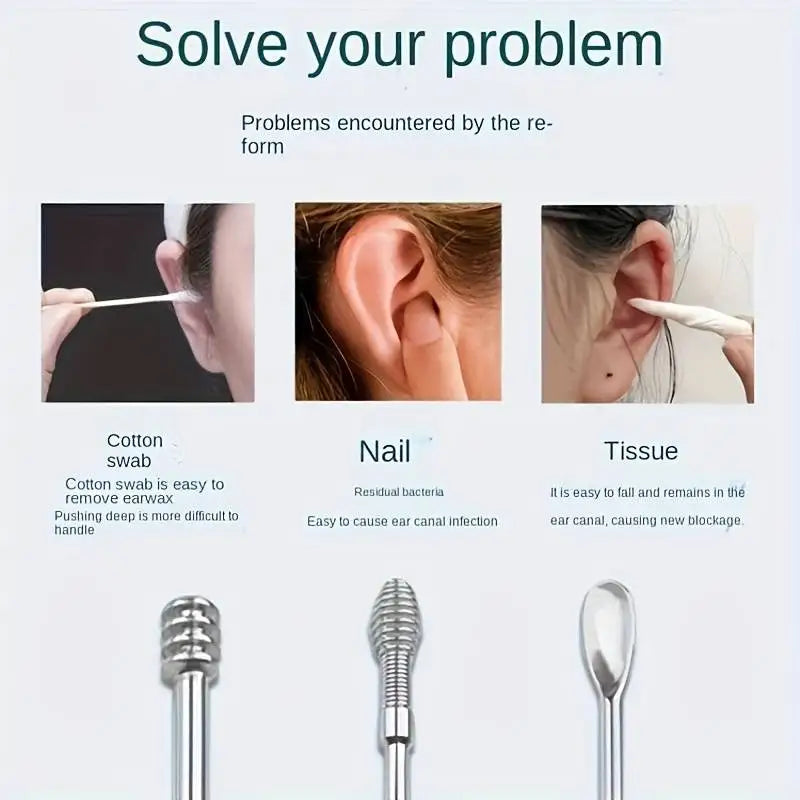 6pcs Stainless Steel Ear Wax Removal Tool Set – Spiral Rotating Ear Picker Spoon for Cleaning & Collecting Ear Wax