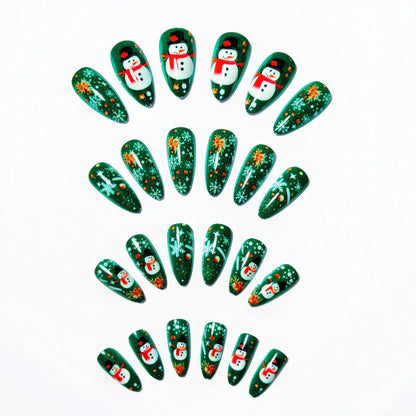 Medium Long Christmas Fake Nails – Square & Almond Tips with Tree, Snowflake & Snowman Designs