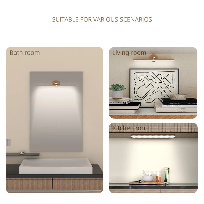Wooden LED Night Light Mirror Front Fill Light: Portable Rechargeable Magnetic Wall Lamp for Bedroom - Bedside Lamp with Touch Switch